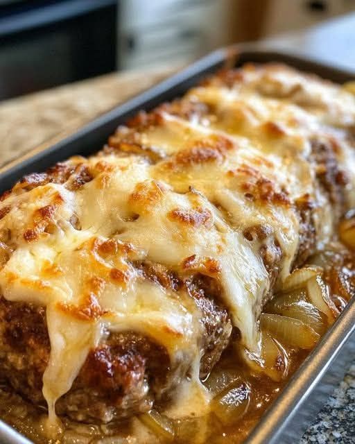 French Onion Meatloaf with Melted Swiss Cheese